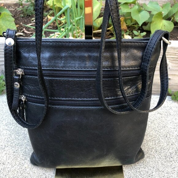 VTG BORSE IN PELLE Crossbody Purse Black Genuine Leather Zipper Shoulder Bag - Picture 1 of 7